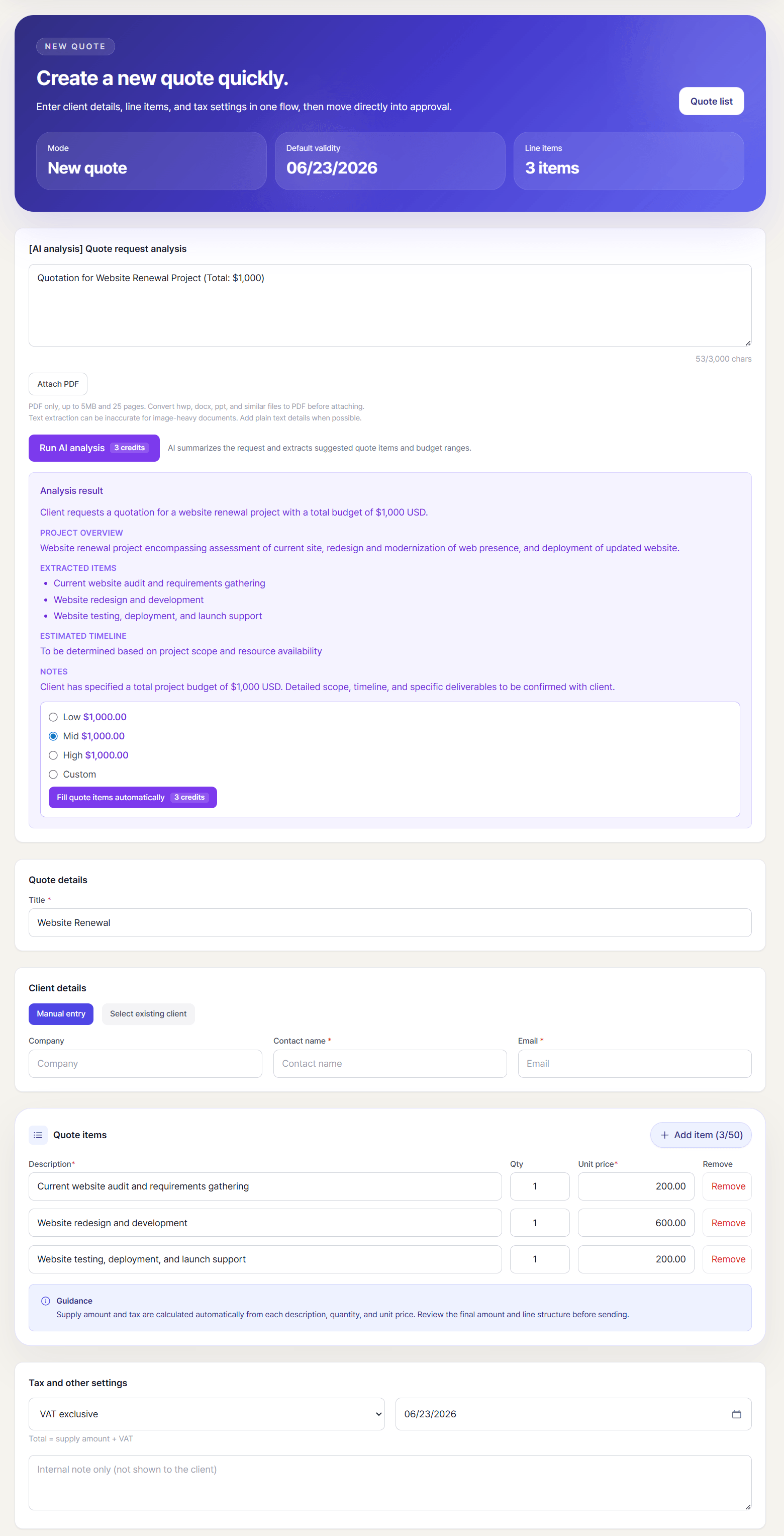 AI quote analysis with the request, suggested scope, and quote items