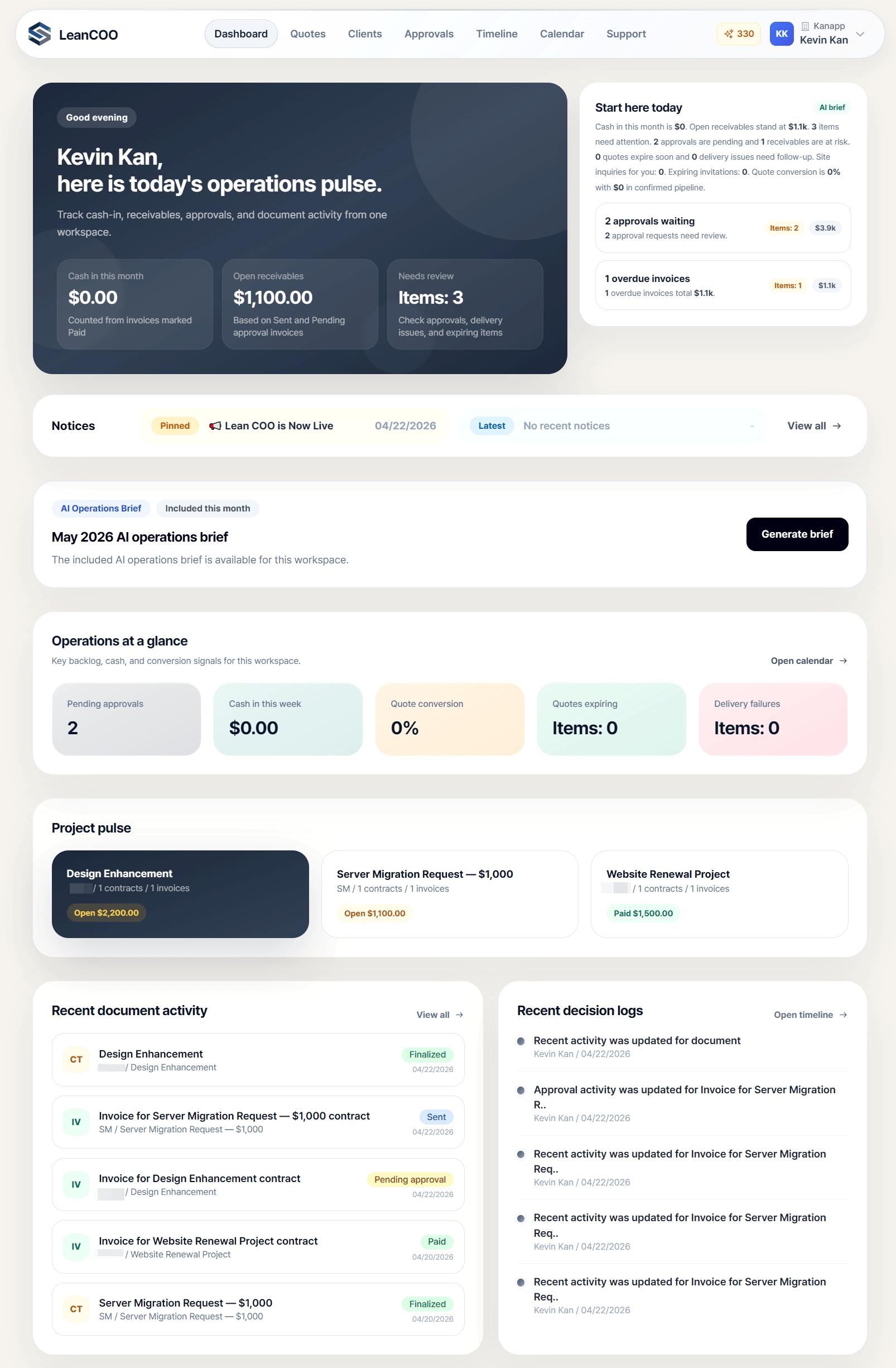 LeanCOO dashboard product screen